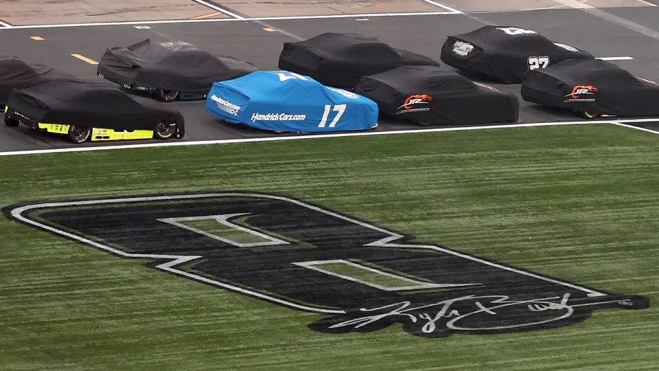 A general view of the "8 Kyle Busch" stencil on the infield grass during a weather delay in the NASCAR O'Reilly Auto Parts Series Charbroil 300 at Charlotte Motor Speedway on Saturday in Concord, North Carolina. - David Jensen/Getty Images
