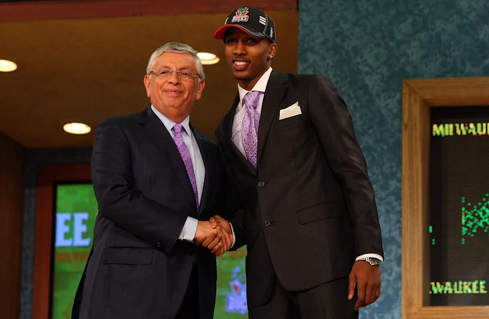 NEW YORK – JUNE 25: NBA Commissioner David Stern poses for a photograph with the tenth overall draft pick by the Milwaukee Bucks, Brandon Jennings during the 2009 NBA Draft at the Wamu Theatre at Madison Square Garden June 25, 2009 in New York City. NOTE TO USER: User expressly acknowledges and agrees that, by downloading and/or using this Photograph, User is consenting to the terms and conditions of the Getty Images License Agreement. (Photo by Jim McIsaac/Getty Images) | Getty Images
