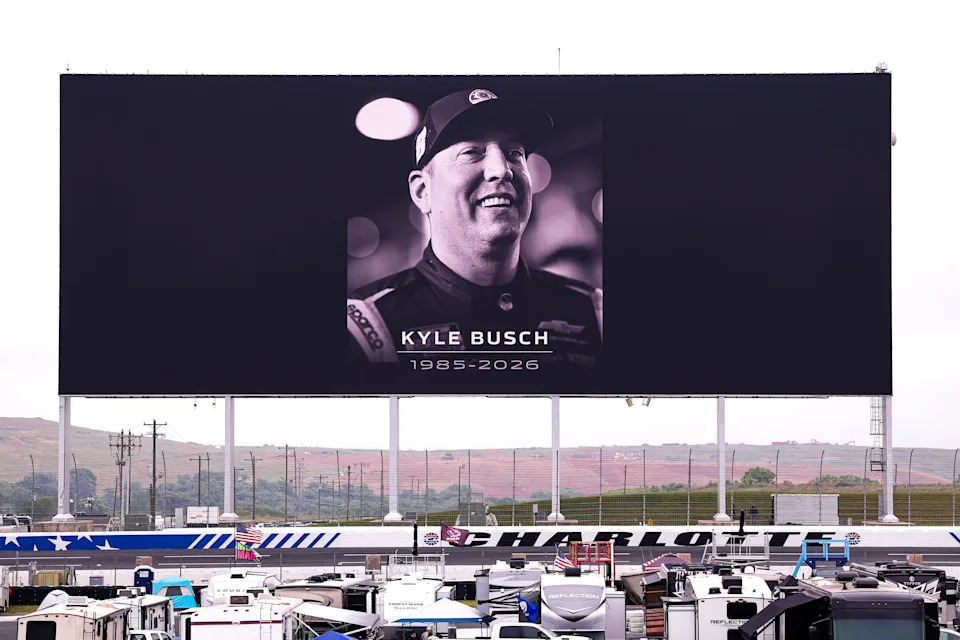 Signage is seen honoring the late Kyle Busch ahead of practice for the NASCAR Craftsman Truck Series North Carolina Education Lottery 200.