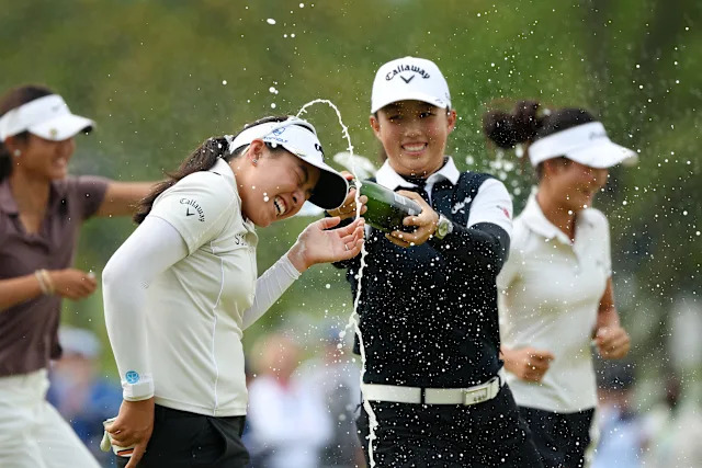 Jeeno Thitikul of Thailand is doused with water and Champagne after her winning putt on the 18th green during the final round of the Mizuho Americas Open 2026 at Mountain Ridge Country Club on May 10, 2026 in West Caldwell, New Jersey.