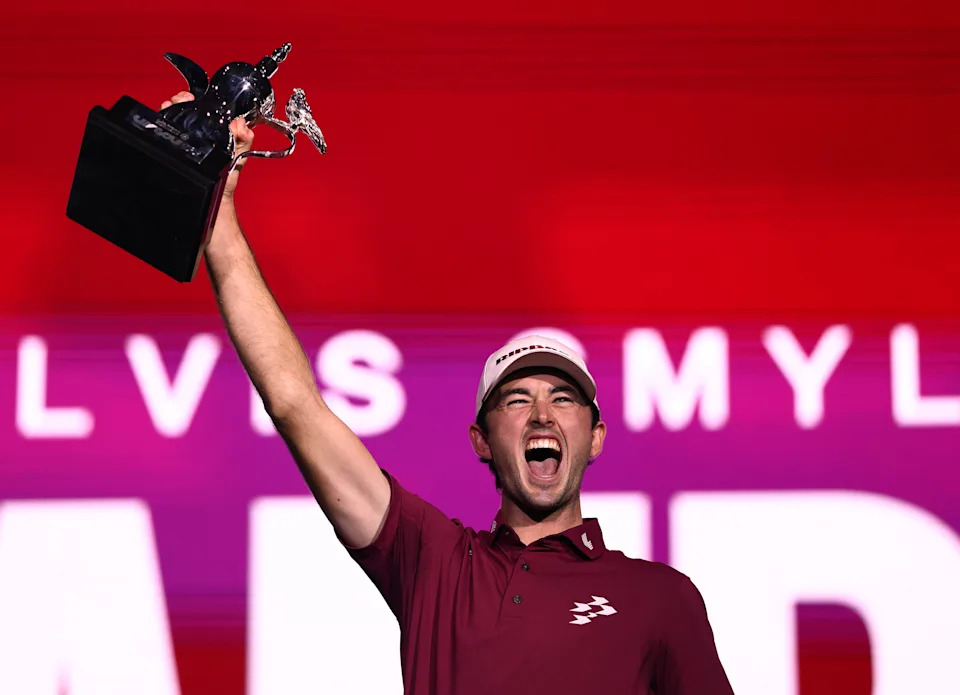 Elvis Smylie of Ripper GC poses for a photo with the trophy after winning the final round on day four of LIV Golf Riyadh at Riyadh Golf Club on February 07, 2026 in Jeddah, Saudi Arabia.