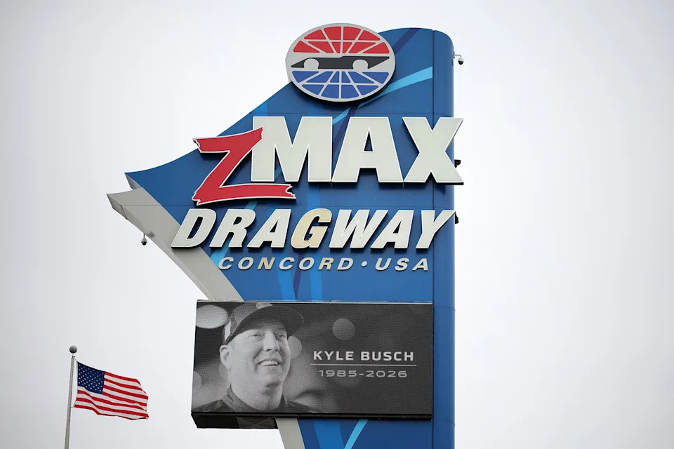 A general view of an LED screen displaying a tribute to Kyle Busch.