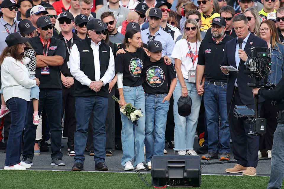 NASCAR Hall of Famer and RCR team owner Richard Childress, Samantha Busch, Brexton Busch and NASCAR CEO Steve O'Donnell pay tribute to Kyle BuschCredit: Jonathan Bachman/Getty