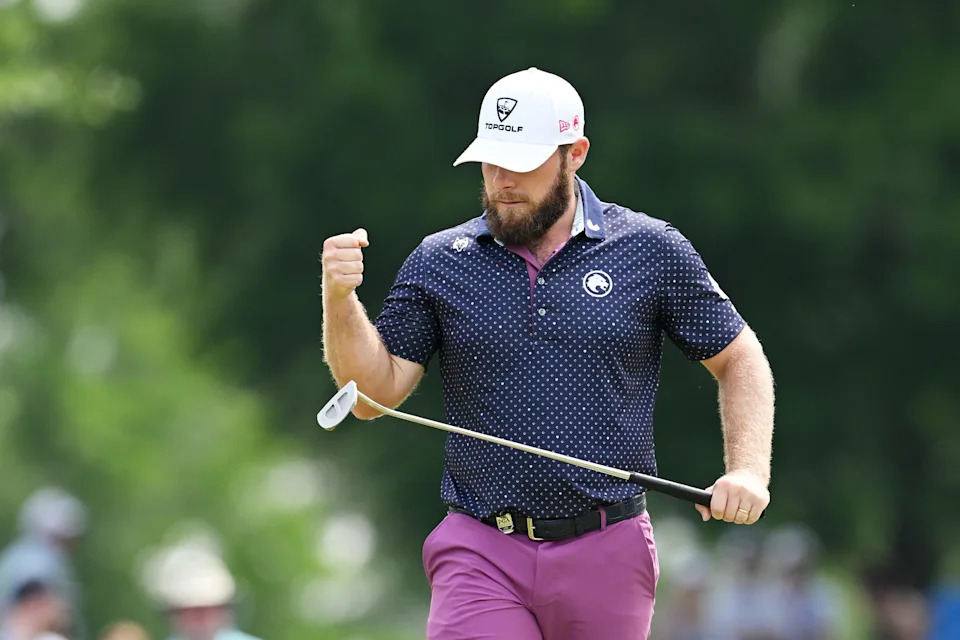 Tyrrell Hatton reacts to a missed putt on the fourth hole during the second round of the 2025 PGA Championship at Quail Hollow Club.