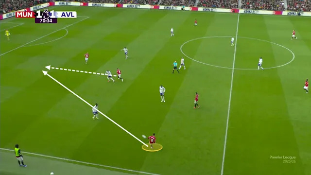 A screenshot showing Bruno Fernandes passing the ball to Matheus Cunha