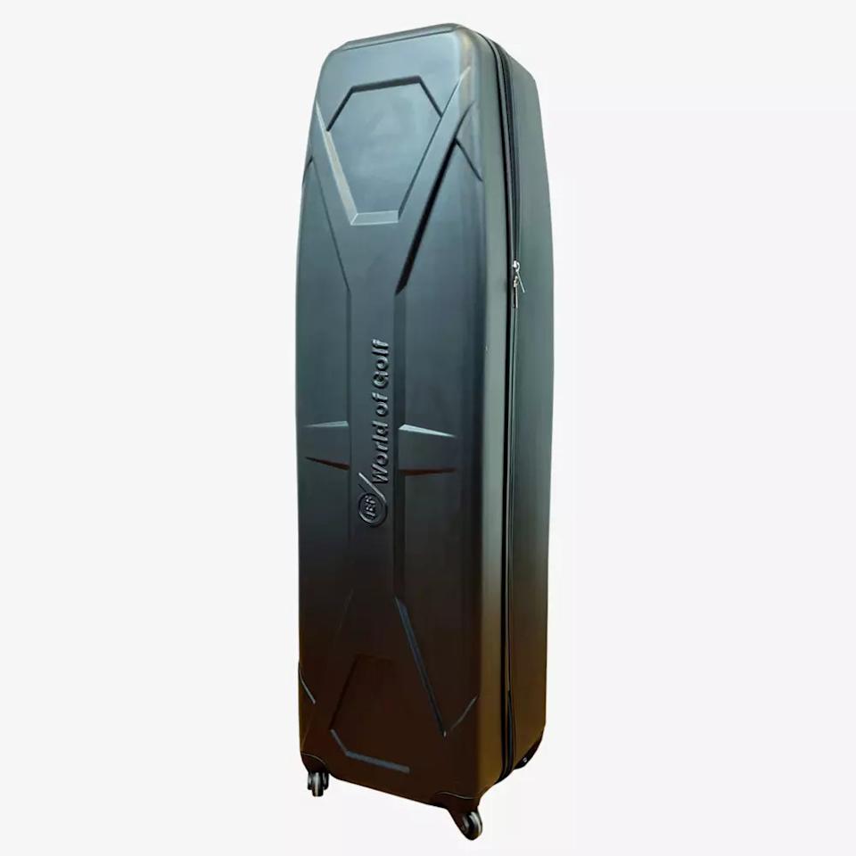 A tall, black hard-shell travel case with four wheels, upright on a white background. With geometric patterns and a vertical zipper, it's perfect for carrying equipment like the best golf rangefinders.