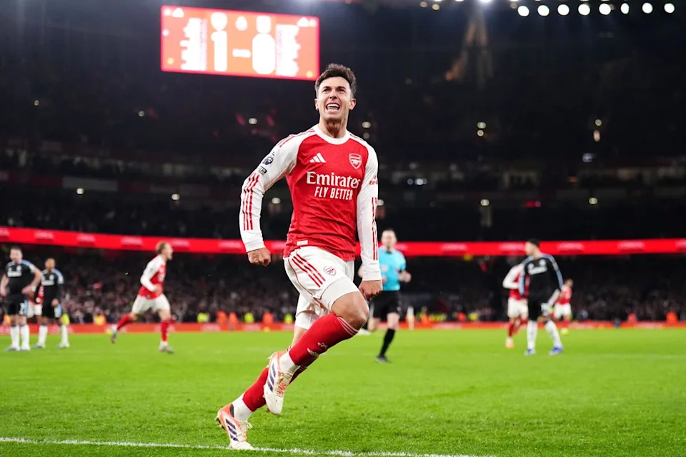 Arsenal’s Martin Zubimendi celebrates scoring the second goal against Aston Villa (PA Wire)