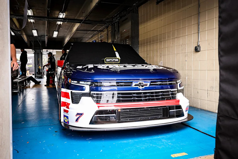The truck of Kyle Busch is seen in the garage ahead of practice for the NASCAR Craftsman Truck Series North Carolina Education Lottery 200.
