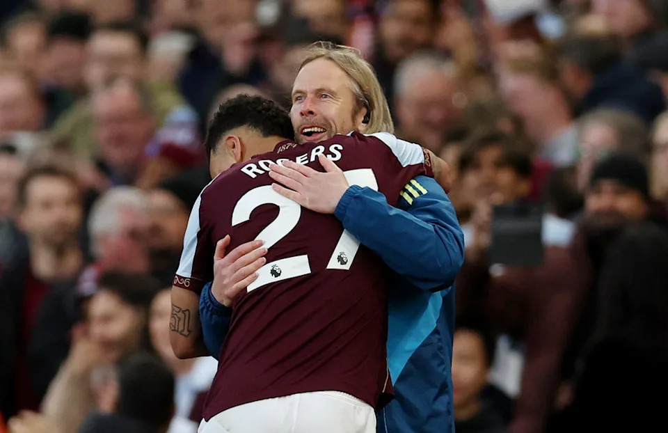 Villa's set-piece coach Austin MacPhee celebrates after Morgan Rogers's opening goal (Reuters)