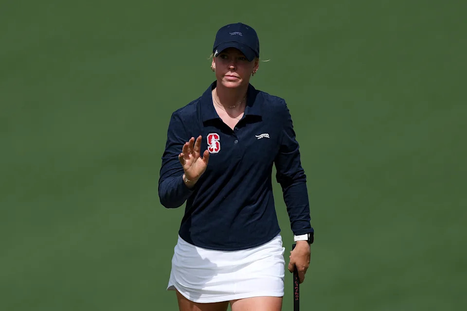 Meja Ortengren of Sweden reacts after making a birdie on the second hole during the third round of the Augusta National Women's Amateur at Augusta National Golf Club on April 04, 2026 in Augusta, Georgia.
