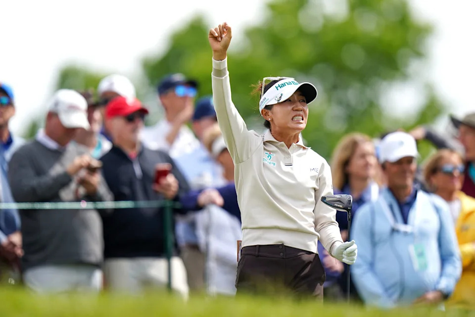 Lydia Ko reacts to a tee shot on the fifth hole during second round pairings of the 2026 LPGA Kroger Queen City Championship, Friday, May 15, 2026, at Maketewah Country Club in Cincinnati.