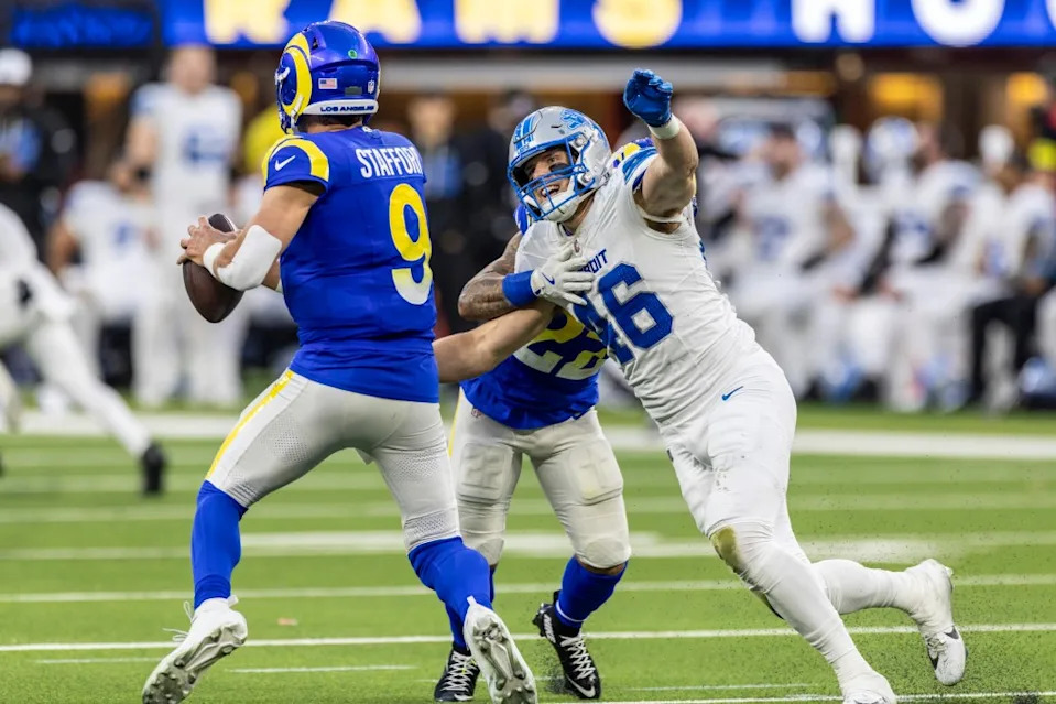 Detroit linebacker Jack Campbell pressures <a class="link " href="https://sports.yahoo.com/nfl/players/9265/" data-i13n="sec:content-canvas;subsec:anchor_text;elm:context_link" data-ylk="slk:Matthew Stafford;sec:content-canvas;subsec:anchor_text;elm:context_link;itc:0" data-yga="{"yLinkElement":"context_link","yModuleName":"content-canvas","yLinkText":"Matthew Stafford","ySubModuleName":"anchor_text","yHasCommerce":false}">Matthew Stafford</a> in the fourth quarter of the Lions’ loss to the Rams on Dec.14, 2025. Icon Sportswire via Getty Images