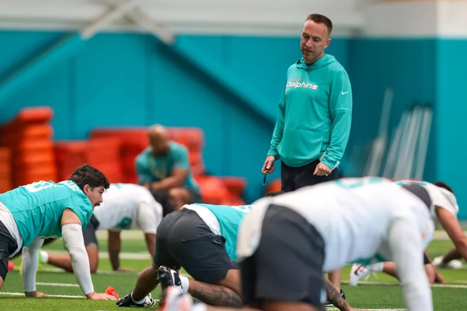 Jeff Hafley is pictured during a May 8 practice for the Dolphins. Imagn Images