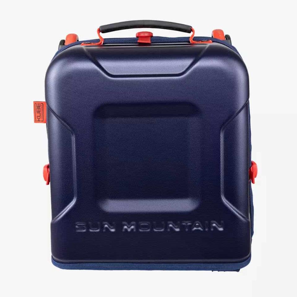 A square, hard-shell navy blue case with red handles and accents, labeled SUN MOUNTAIN on the front panel, designed to securely store the best golf rangefinders. Photographed against a plain white background.
