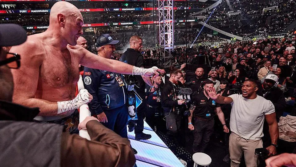 Tyson Fury points at Anthony Joshua