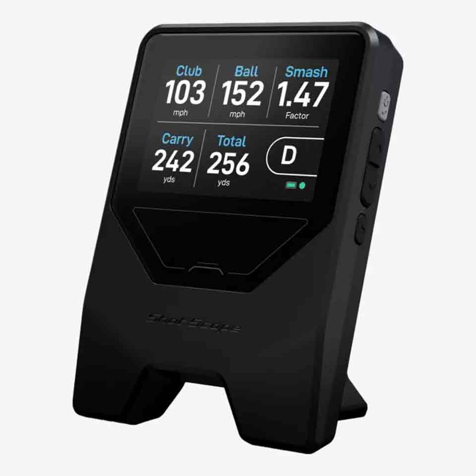 A black electronic golf launch monitor displays metrics: Club 103 mph, Ball 152 mph, Smash 1.47 factor, Carry 242 yds, Total 256 yds. Upright with side control buttons, it’s among the most stylish accessories and thoughtful Mother's Day gifts for golfers.