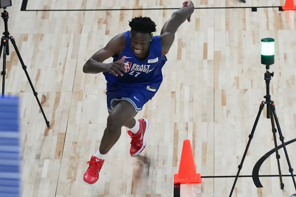 AJ Dybantsa participates in the 2026 NBA Draft Combine at Wintrust Arena.