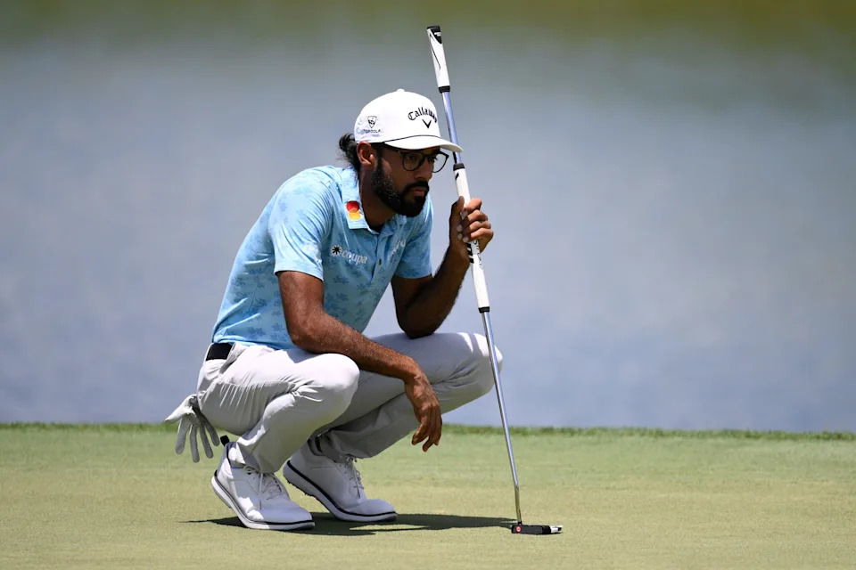 Akshay Bhatia of the United States lines up a putt on the first green during the second round of the Cadillac Championship 2026 at Trump National Doral Miami on May 01, 2026 in Doral, Florida.