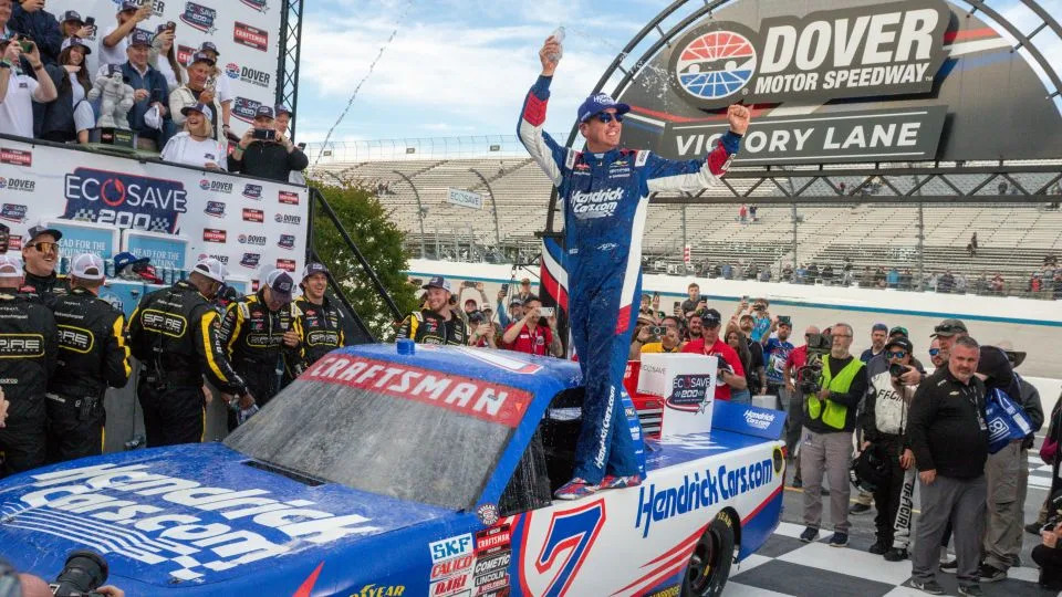 Kyle Busch celebrates after winning the Truck Series race in Dover, Delaware, on May 15. - David Hahn/Icon Sportswire/Getty Images