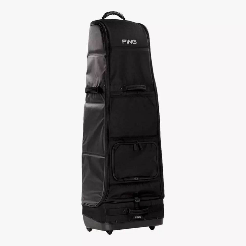 A tall, black PING golf travel bag with a handle on top, multiple zippered compartments, and wheels at the base stands upright against a plain white background—perfect for carrying your best golf rangefinders and gear.
