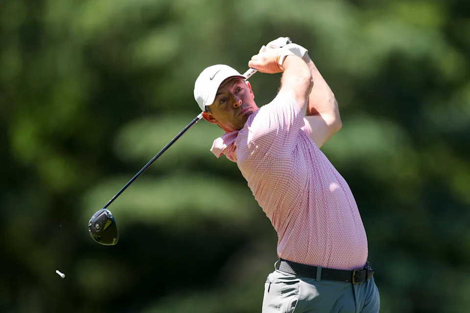 Rory McIlroy hits a tee shot on the ninth hole during the final round of the 2026 Truist Championship at Quail Hollow Club.