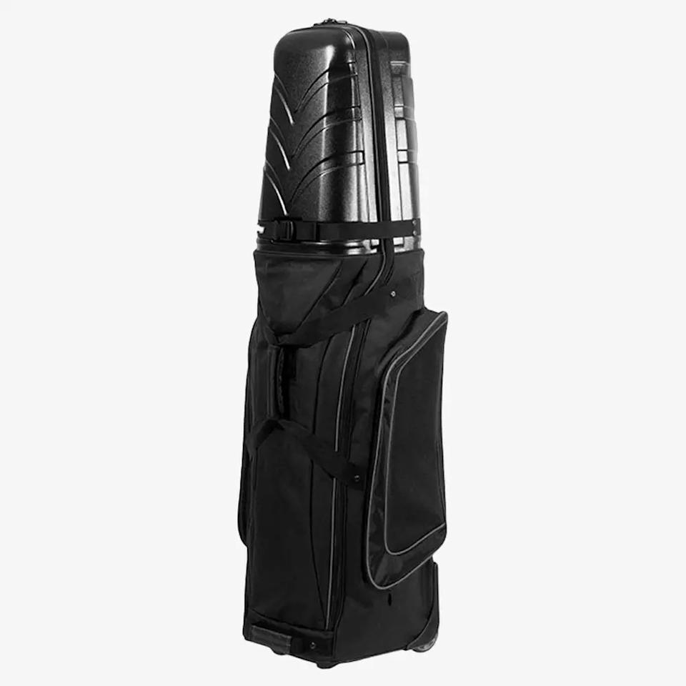A black golf travel bag with a rigid, hard-shell top and soft fabric body, featuring multiple zippered compartments and handles, stands upright against a plain white background—ideal for golfers who want to carry the best golf rangefinders in style.