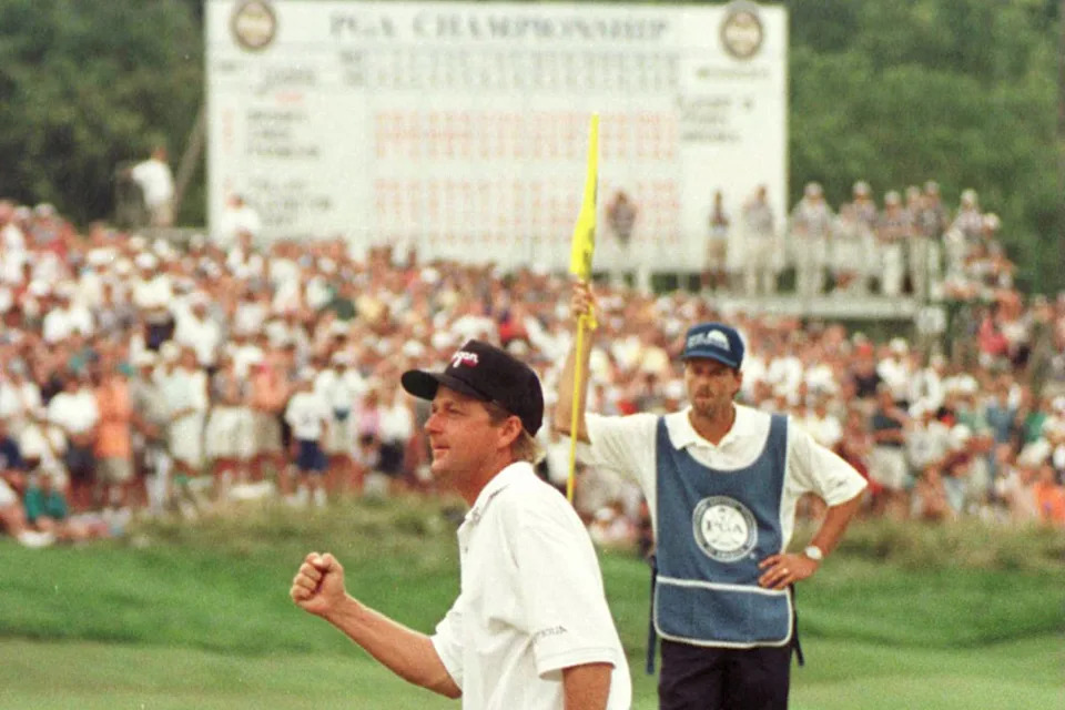 Mark Brooks celebrates after winning a playoff over Kenny Perry in the 1996 PGA Championships at the Valhalla Golf Club in Louisville.