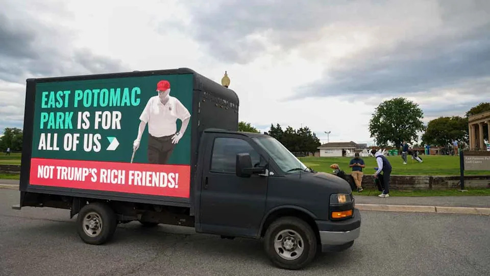 Democracy Forward billboard truck drives by East Potomac Golf Course on May 14, 2026 in Washington, DC.
