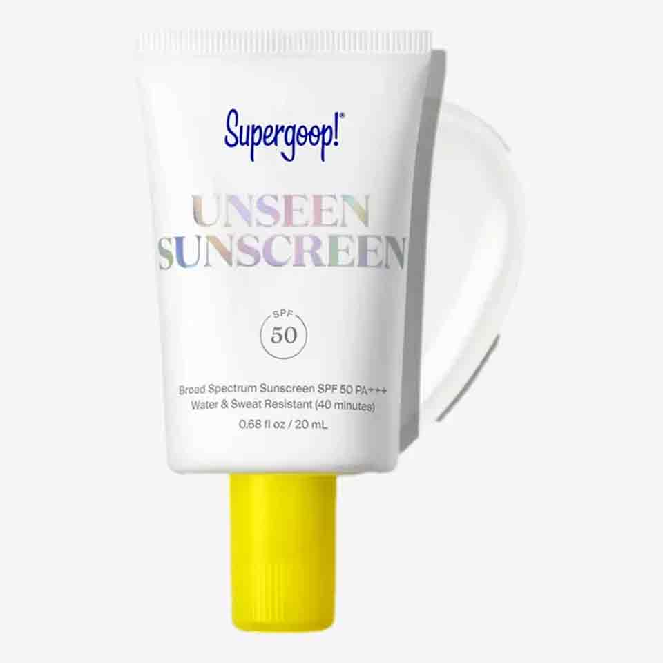 A tube of Supergoop! Unseen Sunscreen SPF 50 with a white body, iridescent text, a yellow cap, and water and sweat resistance details—perfect as one of this year's stylish accessories or thoughtful Mother's Day gifts.