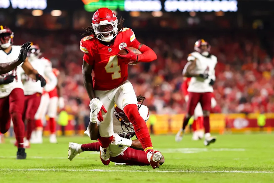 Rashee Rice carries the ball for a touchdown during the fourth quarter of the Chiefs’ win over the Commanders last season. Getty Images