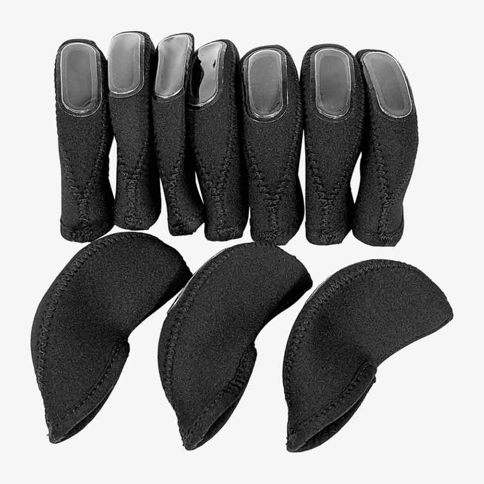 Nine inexpensive black neoprene finger sleeves with reinforced tips and three matching curved thumb covers, arranged on a white background—reminiscent of the practical gear favored by Aaron Rai.