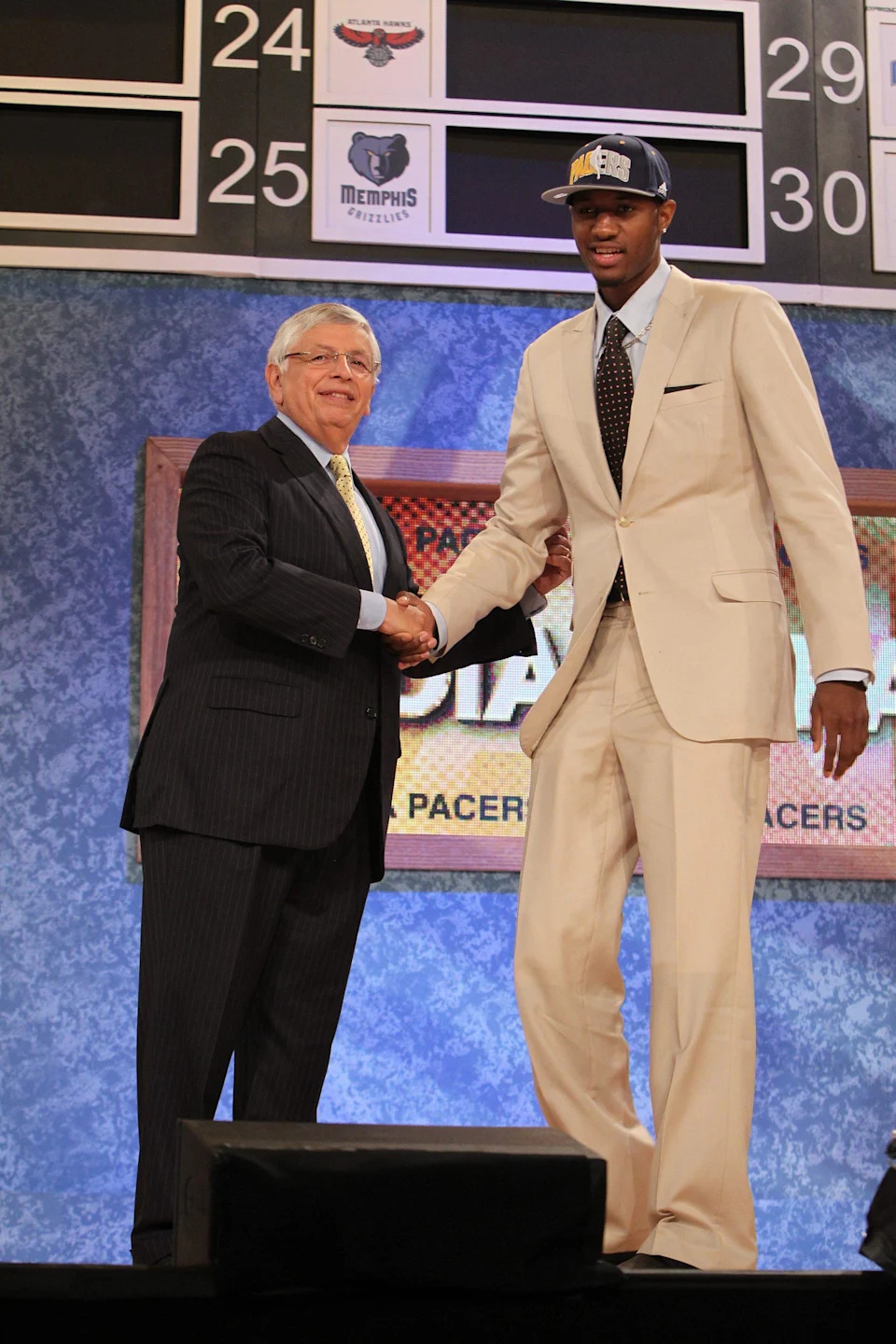 NEW YORK – JUNE 24: Paul George shakes hands with NBA Commissioner David Stern after being selected number ten overall by the <a class="link " href="https://sports.yahoo.com/nba/teams/indiana/" data-i13n="sec:content-canvas;subsec:anchor_text;elm:context_link" data-ylk="slk:Indiana Pacers;sec:content-canvas;subsec:anchor_text;elm:context_link;itc:0" data-yga="{"yLinkElement":"context_link","yModuleName":"content-canvas","yLinkText":"Indiana Pacers","ySubModuleName":"anchor_text","yHasCommerce":false}">Indiana Pacers</a> during the 2010 NBA Draft at the WaMu Theatre at Madison Square Garden on June 24, 2010 in New York City. NOTE TO USER: User expressly acknowledges and agrees that, by downloading and or using this photograph, User is consenting to the terms and conditions of the Getty Images License Agreement. Mandatory Copyright Notice: Copyright 2010 NBAE (Photo by Nathaniel S. Butler/NBAE via Getty Images) | NBAE via Getty Images