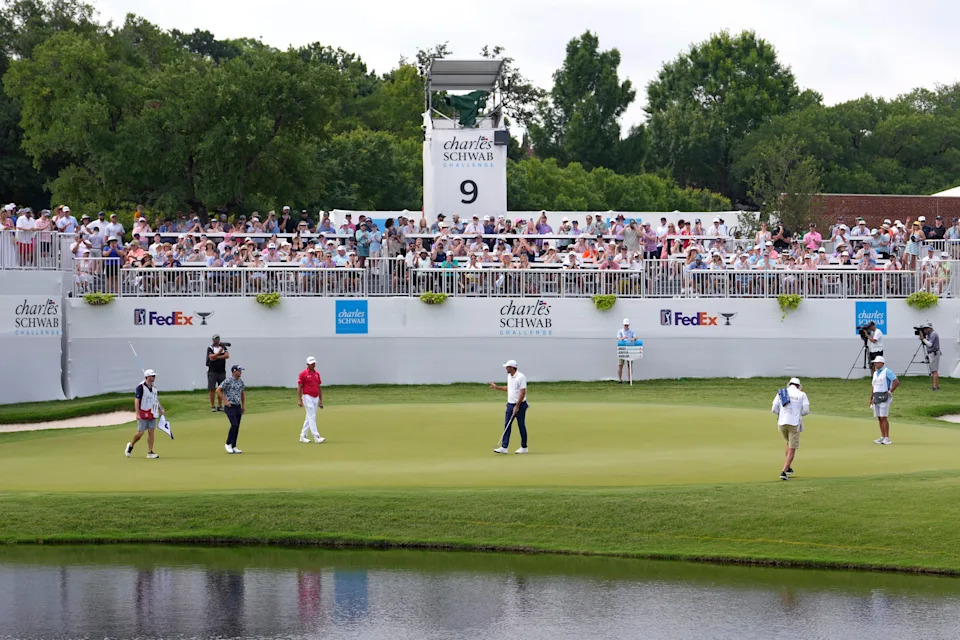 Scottie Scheffler acknowledges the crowd on the ninth green at the 2025 Charles Schwab Challenge at Colonial Country Club in Fort Worth, Texas.