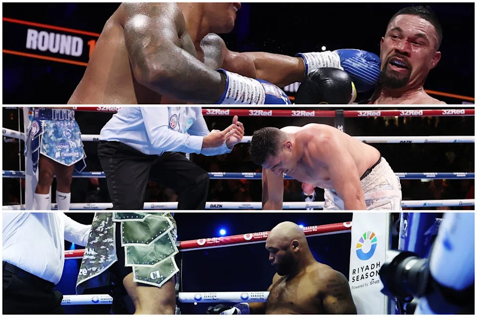 Top to bottom: Wardley’s finishes over Joseph Parker, Justis Huni and Frazer Clarke (Getty)