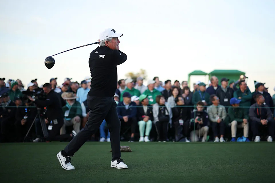 Honorary Starter Gary Player of South Africa plays his shot from the first tee during the first round of the 2026 Masters Tournament at Augusta National Golf Club on April 09, 2026 in Augusta, Georgia.