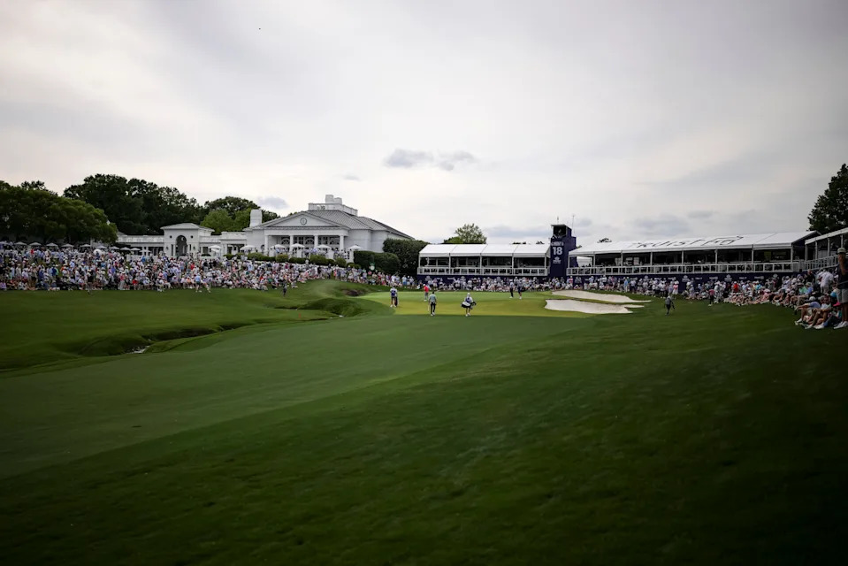 A general view of the 18th hole green during the second round of the Truist Championship 2026 at Quail Hollow Country Club on May 08, 2026 in Charlotte, North Carolina.