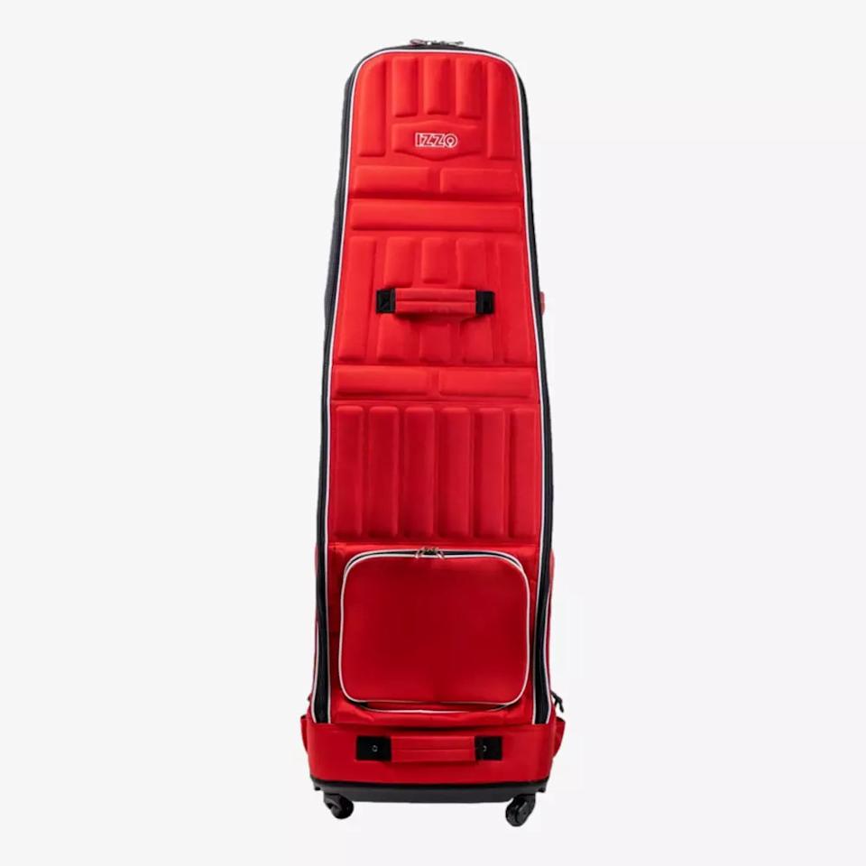 A bright red, hard-shell golf travel bag with padded sections, a front zippered pocket, a side handle, and wheels at the base—perfect for carrying your clubs and best golf rangefinders—stands upright against a plain white background.
