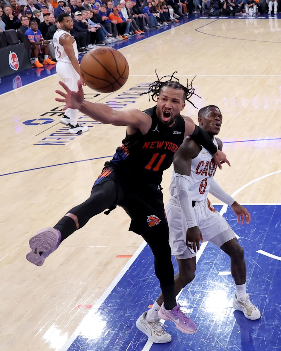The New York Knicks' Jalen Brunson fights for a rebound against the Cleveland Cavaliers during Game 2 at Madison Square Garden on May 21, 2026.