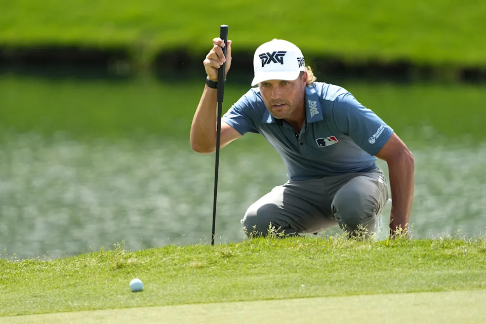 Eric Cole lines up a putt on the 18th green during the third round of the 2026 Charles Schwab Challenge at Colonial Country Club in Forth Worth, Texas.