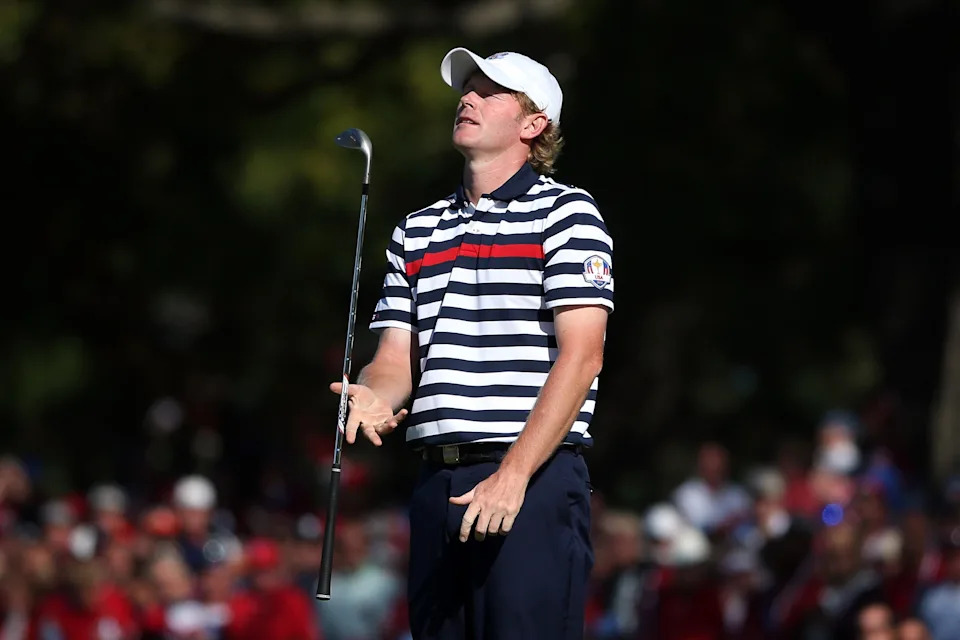 Brandt Snedeker reacts to a shot on the 15th hole during the singles matches for the 39th Ryder Cup at Medinah Country Club.
