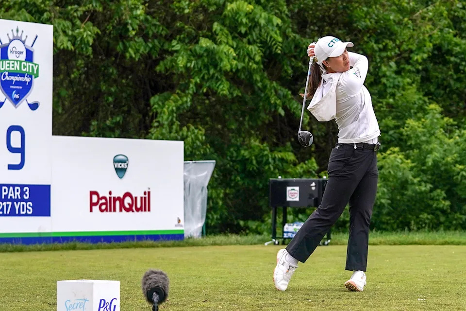 Ssu-Chia Cheng tees off the ninth hole during second round pairings of the 2026 LPGA Kroger Queen City Championship, Friday, May 15, 2026, at Maketewah Country Club in Cincinnati. Her tee shot went long and she ended with a bogey.