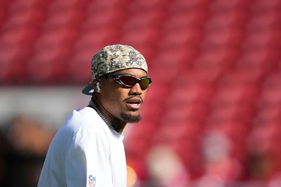 Kendrick Bourne of the 49ers looks on before the game against the Rams. Getty Images