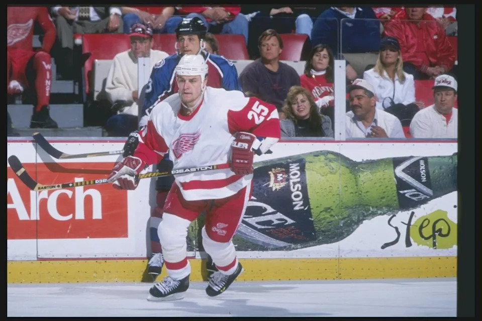 Darren McCarty of the Detroit Red Wings moves down the ice during a playoff game against the Colorado Avalanche at Joe Louis Arena. Getty Images