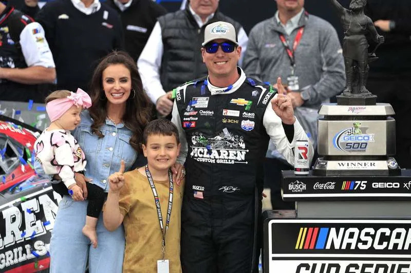 TALLADEGA, AL – APRIL 23: Kyle Busch 8 McLaren Custom Grills Richard Childress Racing Chevrolet with wife Samantha, son Brexton and daughter Lennix after winning the NASCAR, Motorsport, USA Cup Series GEICO 500 on April 23, 2023 at Talladega SuperSpeedway in Talladega, AL. Photo by Jeff Robinson/Icon Sportswire AUTO: APR 23 NASCAR Cup Series GEICO 500 EDITORIAL USE ONLY Icon2304235004909