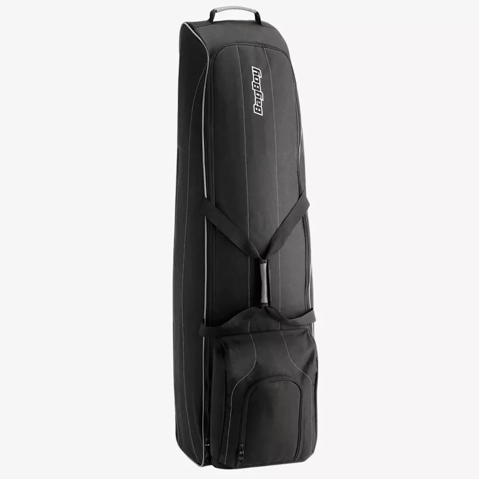 A black rectangular golf travel bag with a zippered front pocket, white stitching, a carrying handle on top, and the “Bag Boy” logo in white near the top—perfect for carrying clubs or accessories like the best golf rangefinders.