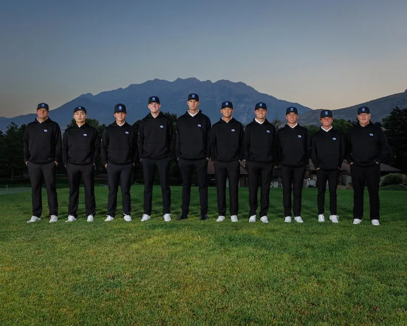 Members and coaches of the 2025-26 BYU golf team pose for a team shot during BYU photo day on Sept. 2, 2025. | Jaren Wilkey, BYU Photo