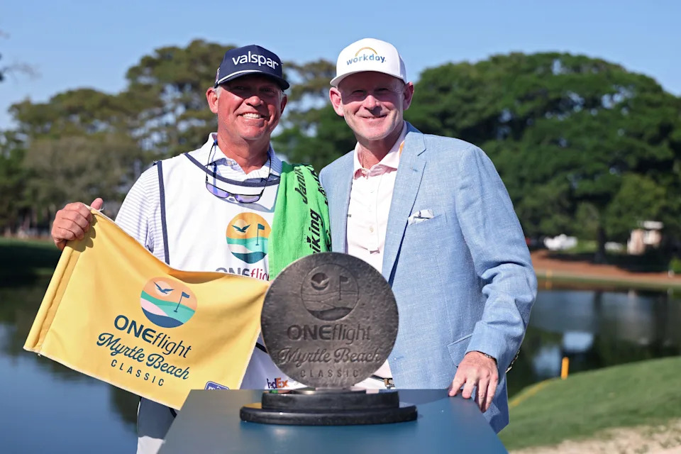 Brandt Snedeker and his caddie Heath Holt after winning the 2026 Oneflight Myrtle Beach Classic at Dunes Golf & Beach Club.