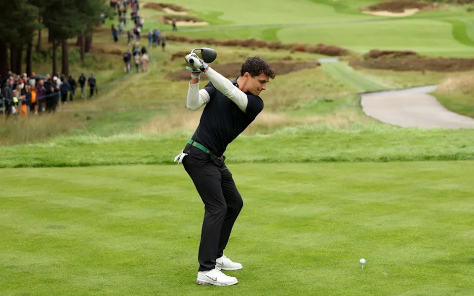 Formula One driver, Lando Norris tees off on the 11th hole during the Pro-Am ahead of the BMW PGA Championship 2025 at Wentworth Golf Club on September 10, 2025 in Virginia Water, England