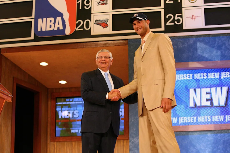 NEW YORK – JUNE 26: Brook Lopez shakes hands with NBA Commissioner David Stern after being selected tenth overall by the New Jersey Nets during the 2008 NBA Draft on June 26, 2008 at the WaMu Theatre at Madison Square Garden in New York City. NOTE TO USER: User expressly acknowledges and agrees that, by downloading and or using this photograph, User is consenting to the terms and conditions of the Getty Images License Agreement. Mandatory Copyright Notice: Copyright 2008 NBAE (Photo by Jesse D. Garrabrant/NBAE via Getty Images) | NBAE via Getty Images