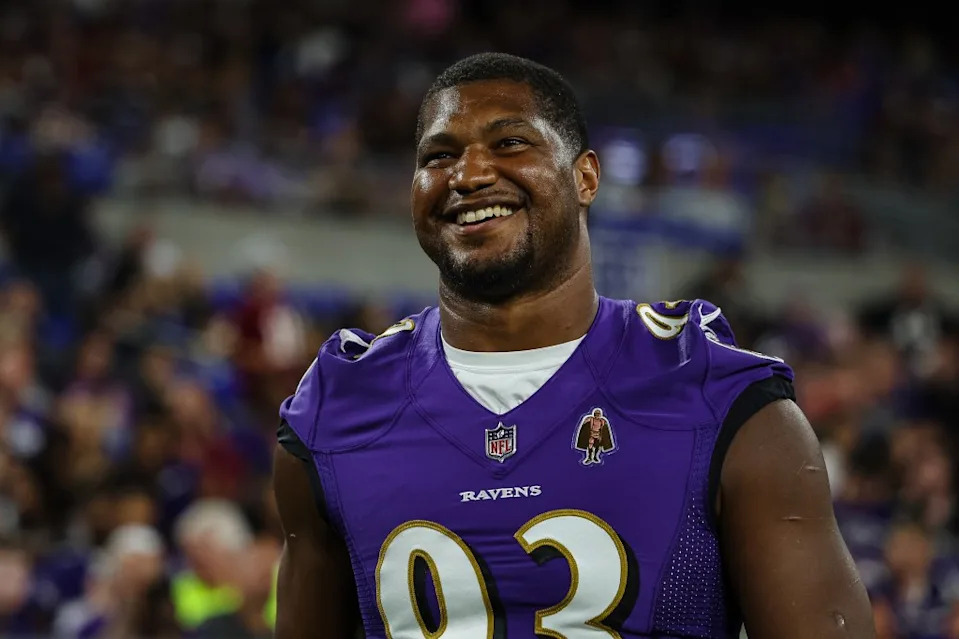 Calais Campbell reacts during the second half of the Ravens’ win on Aug. 27, 2022 in Baltimore. Getty Images